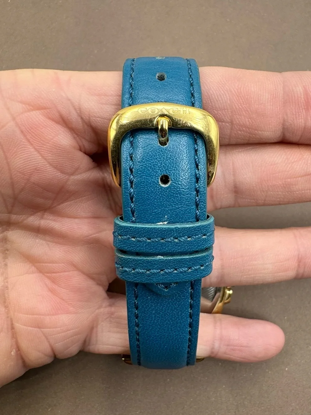 Coach Gold Plated Blue Leather Strap Swarovski Crystal Womens Boyfriend Watch